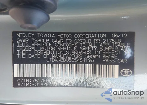 2012 Toyota Prius Two from USA, damaged, VIN JTDKN3DU5C5484196